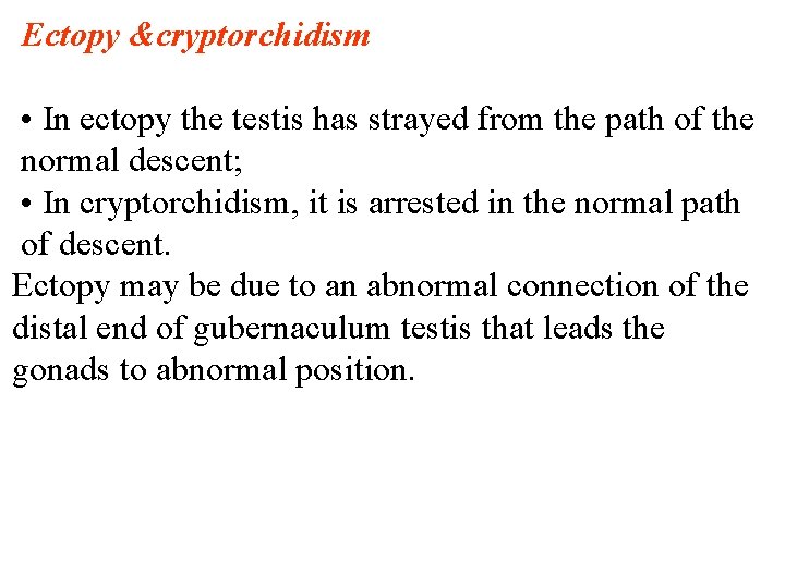 Ectopy &cryptorchidism • In ectopy the testis has strayed from the path of the