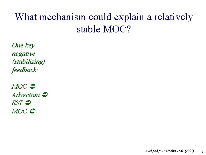 What mechanism could explain a relatively stable MOC? One key negative (stabilizing) feedback: MOC