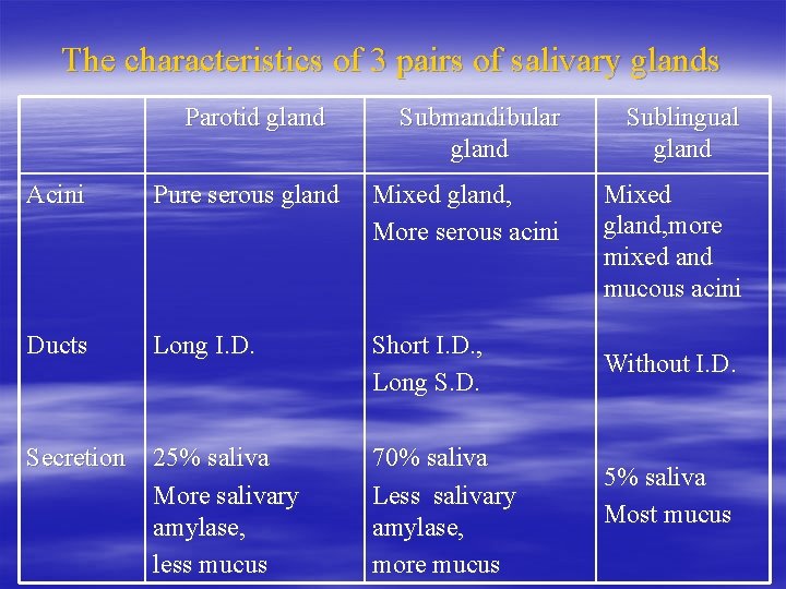 The characteristics of 3 pairs of salivary glands Parotid gland Submandibular gland Sublingual gland
