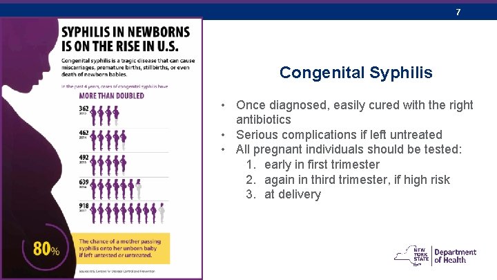 7 Congenital Syphilis • Once diagnosed, easily cured with the right antibiotics • Serious