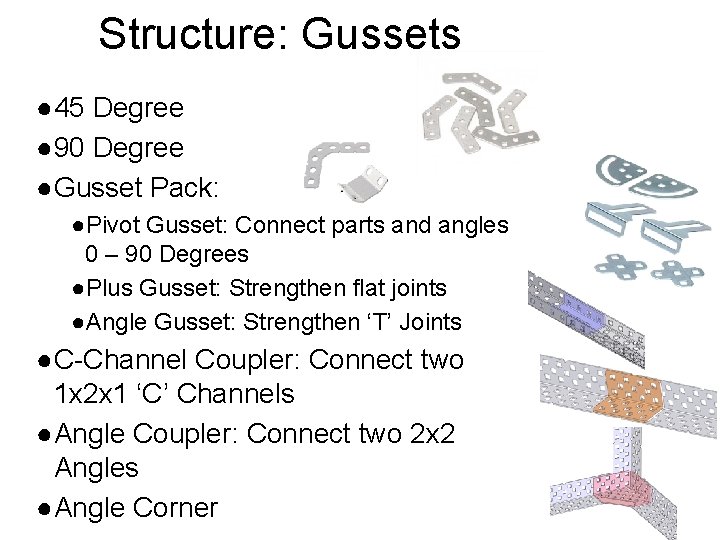 Structure: Gussets ● 45 Degree ● 90 Degree ●Gusset Pack: ●Pivot Gusset: Connect parts