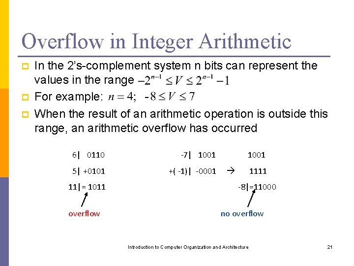 Overflow in Integer Arithmetic p p p In the 2’s-complement system n bits can