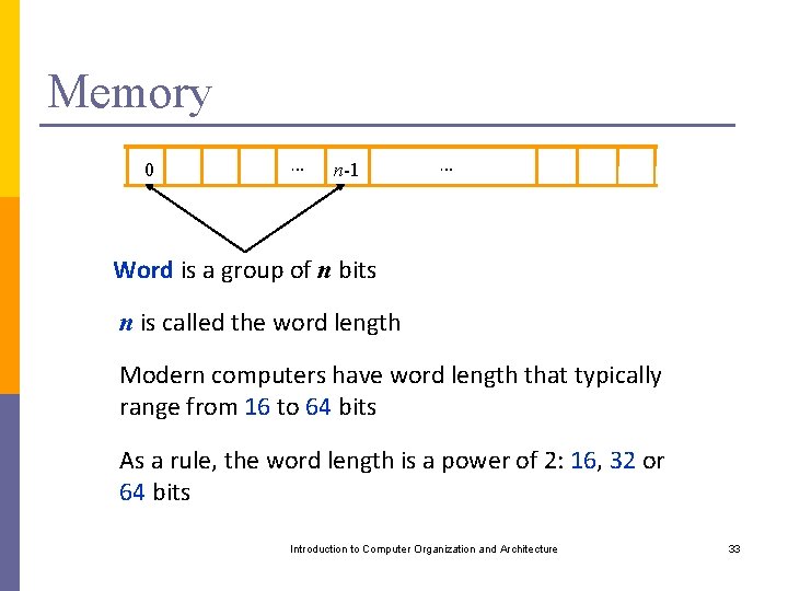 Memory 0 … n-1 … Word is a group of n bits n is