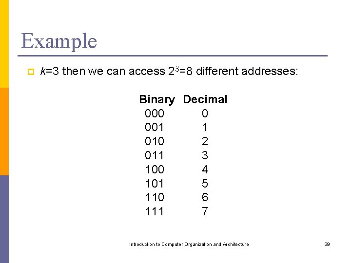 Example p k=3 then we can access 23=8 different addresses: Binary Decimal 000 0