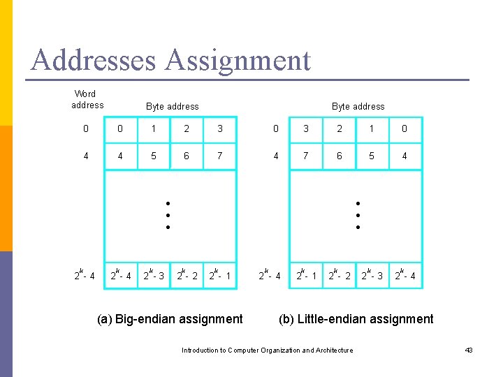 Addresses Assignment Word address Byte address 0 0 1 2 3 0 3 2