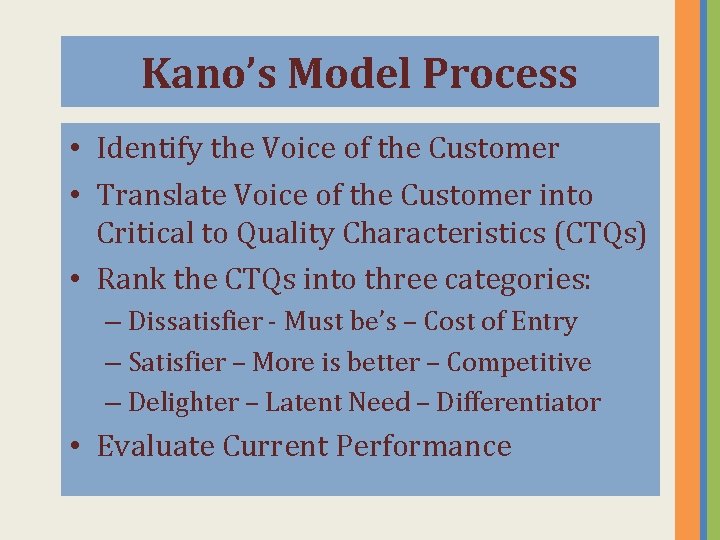 Kano’s Model Process • Identify the Voice of the Customer • Translate Voice of