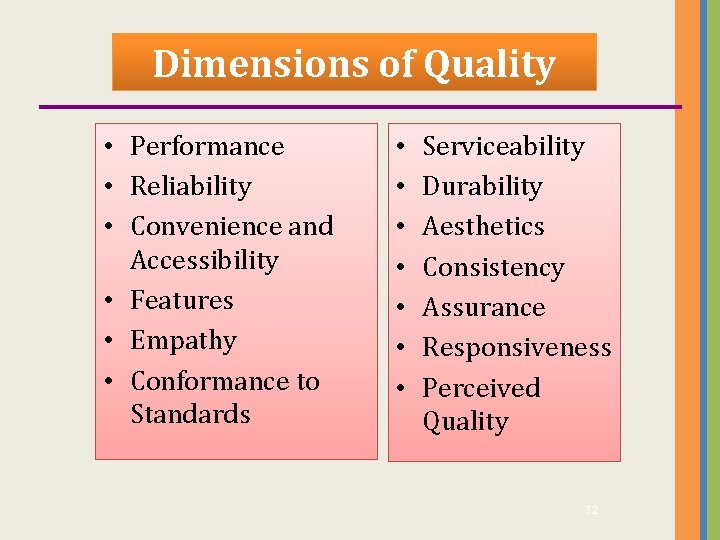 Dimensions of Quality • Performance • Reliability • Convenience and Accessibility • Features •