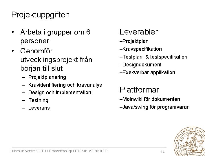 Projektuppgiften • Arbeta i grupper om 6 personer • Genomför utvecklingsprojekt från början till