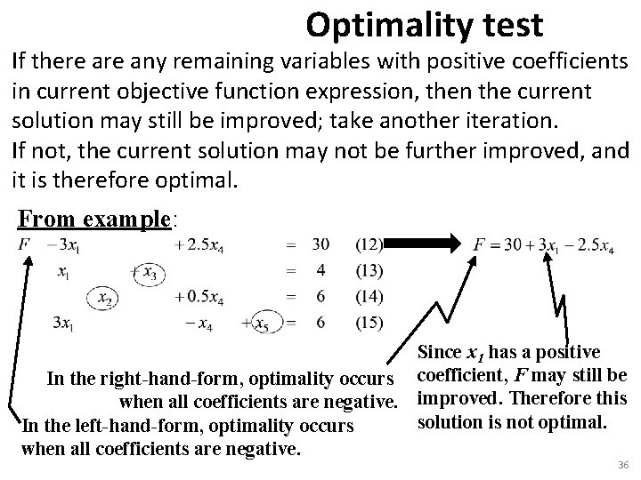 Optimality test If there any remaining variables with positive coefficients in current objective function