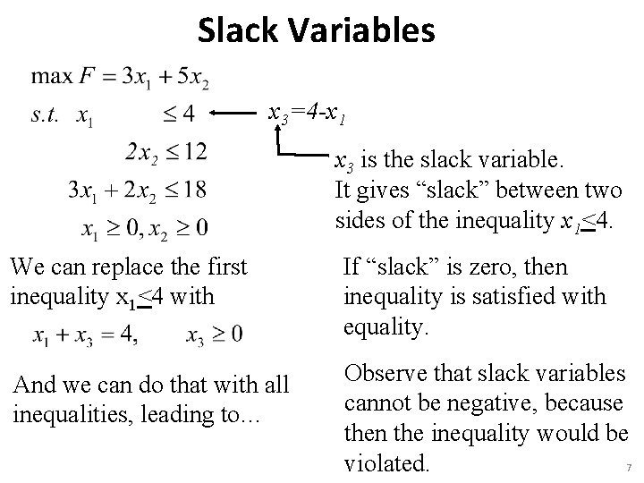 Slack Variables x 3=4 -x 1 x 3 is the slack variable. It gives