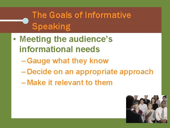 The Goals of Informative Speaking • Meeting the audience’s informational needs – Gauge what