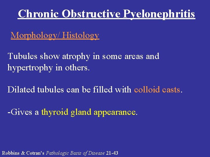 Chronic Obstructive Pyelonephritis Morphology/ Histology Tubules show atrophy in some areas and hypertrophy in Chronic Obstructive Pyelonephritis Morphology/ Histology Tubules show atrophy in some areas and hypertrophy in