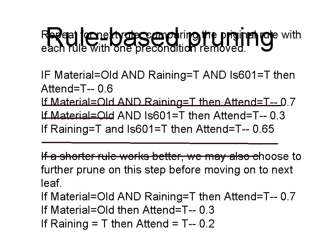 Rule-based pruning Repeat for next rule, comparing the original rule with each rule with