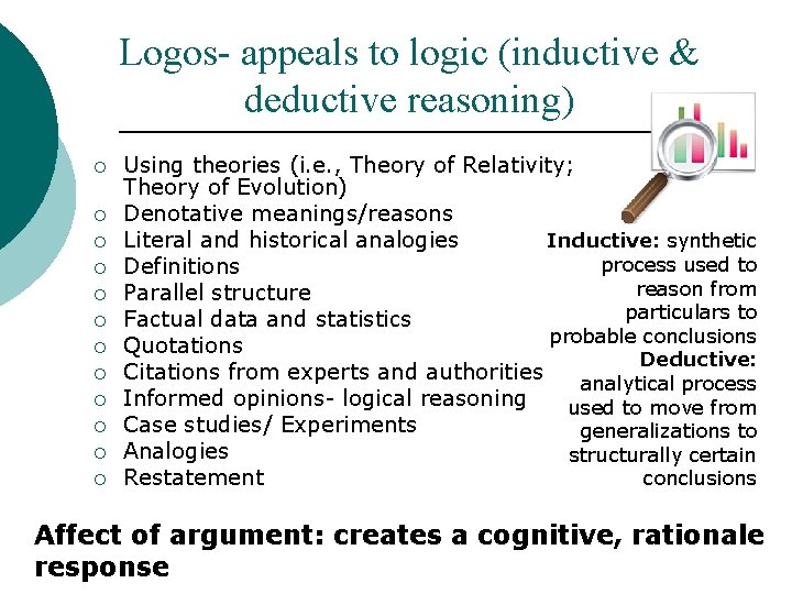 Logos- appeals to logic (inductive & deductive reasoning) ¡ ¡ ¡ Using theories (i.