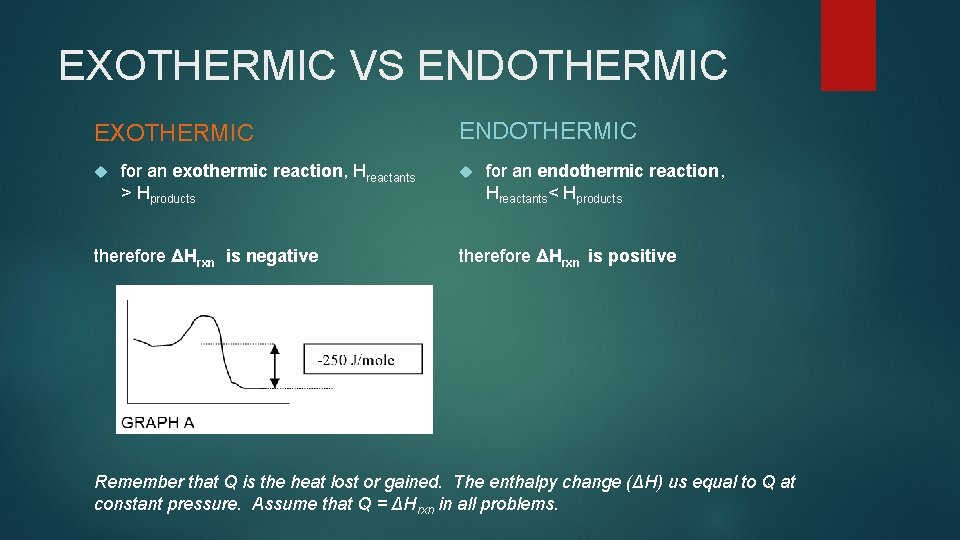 EXOTHERMIC VS ENDOTHERMIC EXOTHERMIC for an exothermic reaction, Hreactants > Hproducts therefore ΔHrxn is