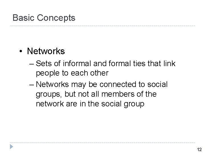 Basic Concepts • Networks – Sets of informal and formal ties that link people