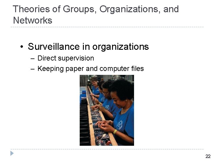 Theories of Groups, Organizations, and Networks • Surveillance in organizations – Direct supervision –