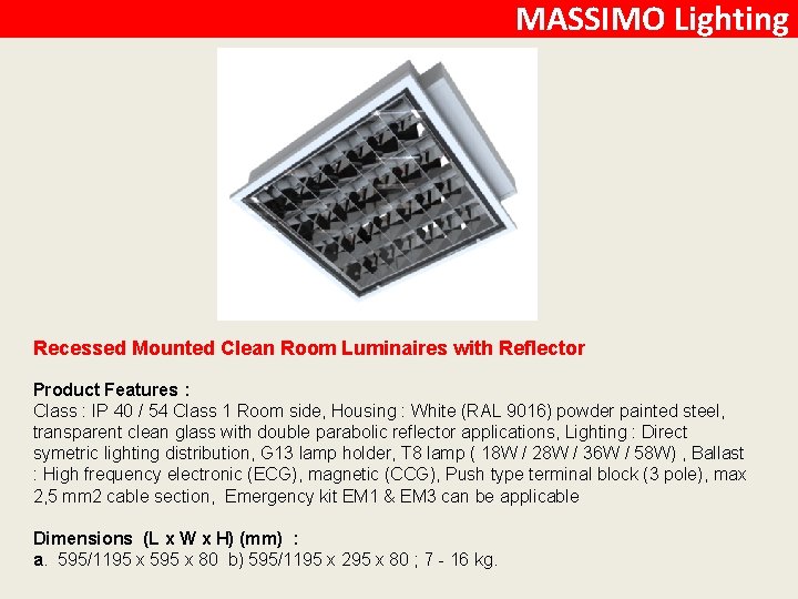 MASSIMO Lighting Recessed Mounted Clean Room Luminaires with Reflector Product Features : Class :