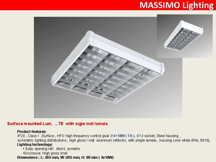 MASSIMO Lighting Surface mounted Lum. . T 8 with sigle mat lamela Product features: