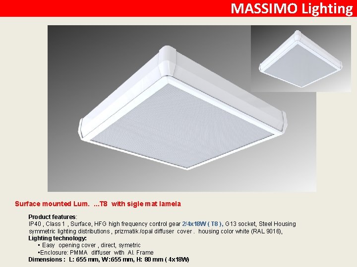 MASSIMO Lighting Surface mounted Lum. . T 8 with sigle mat lamela Product features: