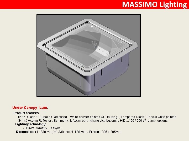 MASSIMO Lighting Under Canopy Lum. Product features: IP 65, Class 1, Surface / Recessed