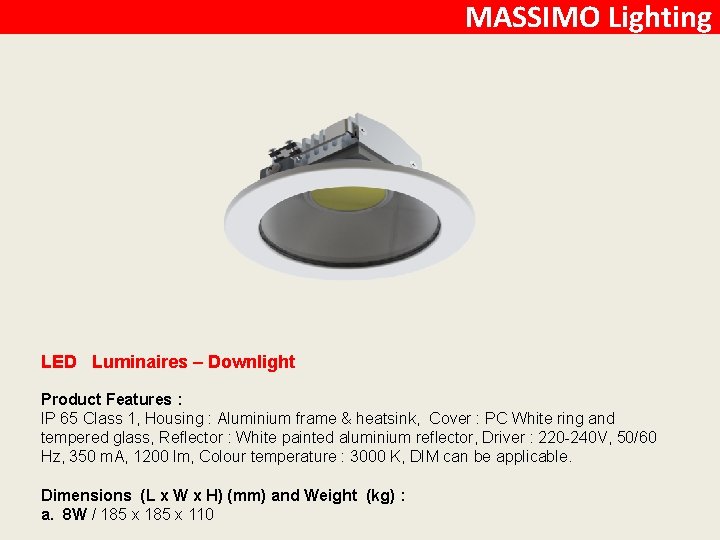 MASSIMO Lighting LED Luminaires – Downlight Product Features : IP 65 Class 1, Housing