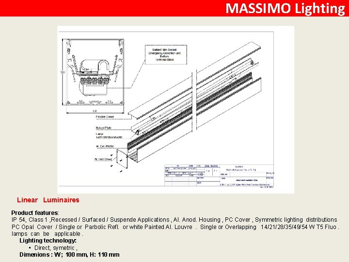 MASSIMO Lighting Linear Luminaires Product features: IP 54, Class 1 , Recessed / Surfaced