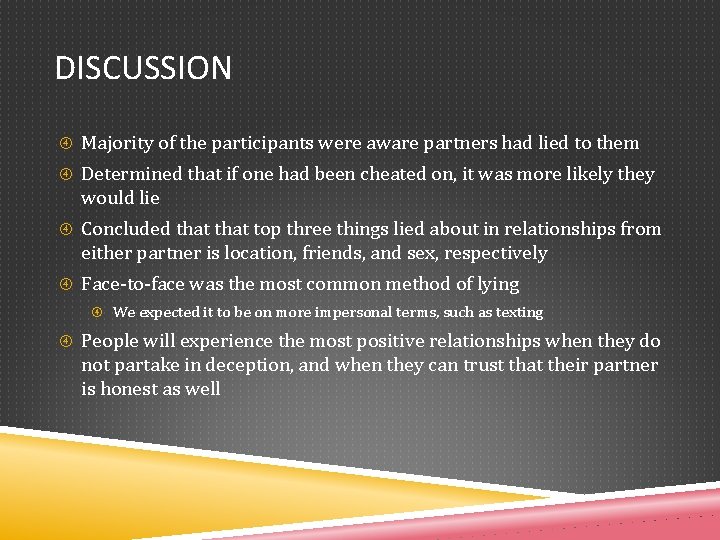 DISCUSSION Majority of the participants were aware partners had lied to them Determined that
