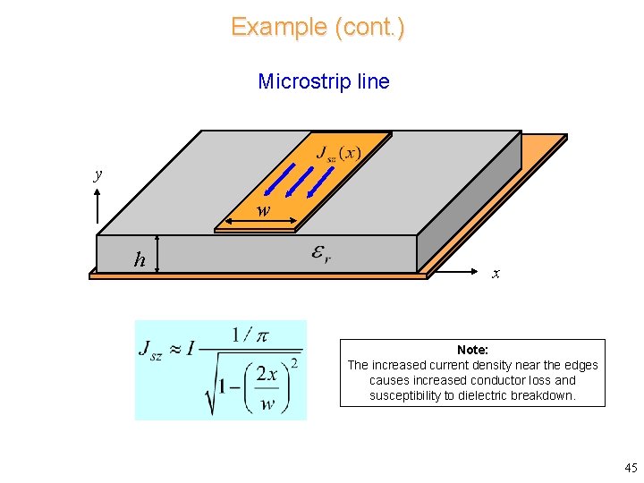 Example (cont. ) Microstrip line y w h x Note: The increased current density