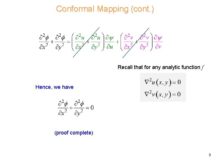 Conformal Mapping (cont. ) Recall that for any analytic function f Hence, we have