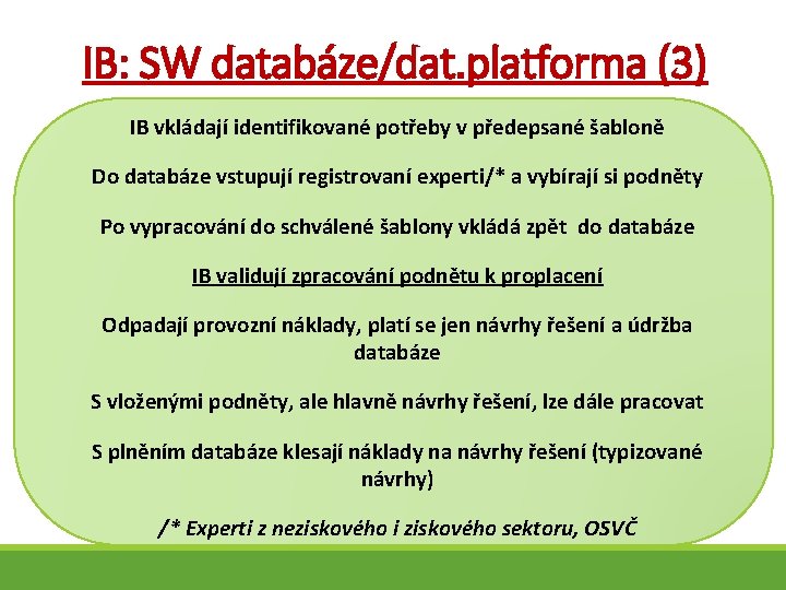 IB: SW databáze/dat. platforma (3) IB vkládají identifikované potřeby v předepsané šabloně Do databáze