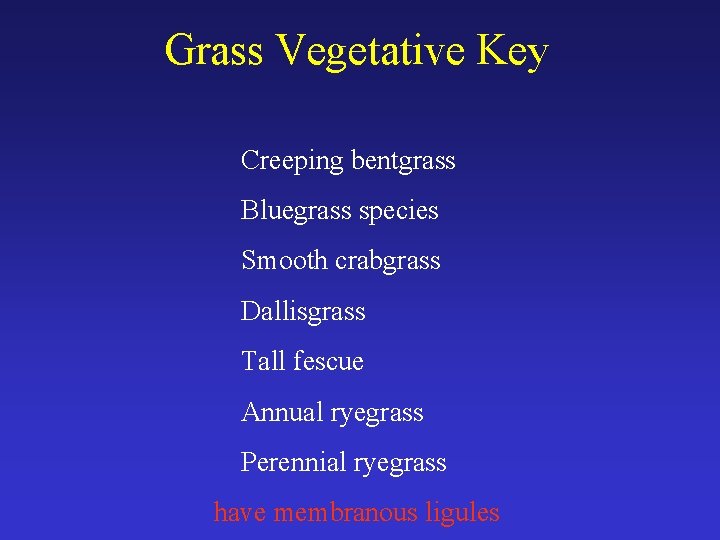 Grass Vegetative Key Creeping bentgrass Bluegrass species Smooth crabgrass Dallisgrass Tall fescue Annual ryegrass