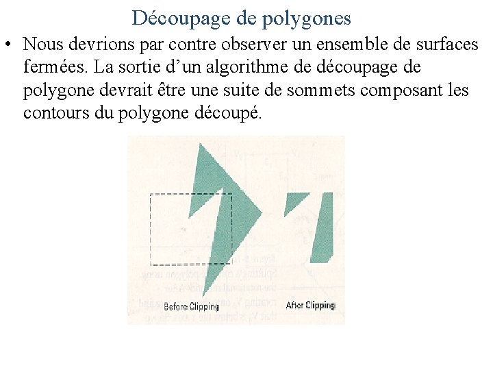 Découpage de polygones • Nous devrions par contre observer un ensemble de surfaces fermées.