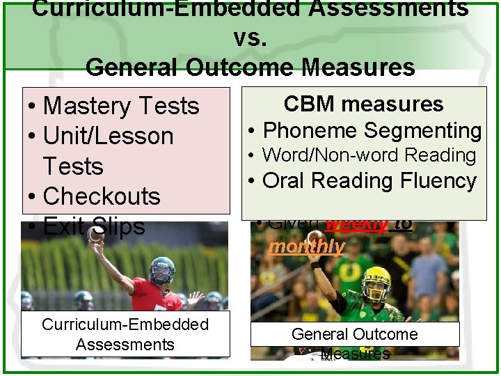 Curriculum-Embedded Assessments vs. General Outcome Measures Mastery Tests • • Linked to specific •