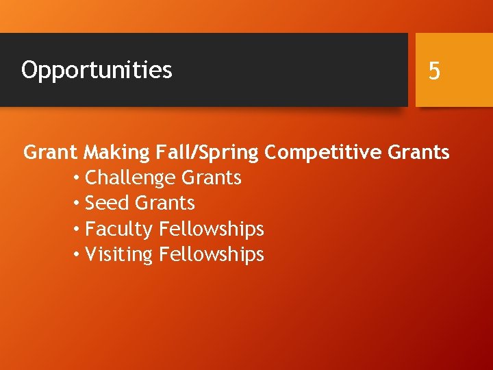 Opportunities 5 Grant Making Fall/Spring Competitive Grants • Challenge Grants • Seed Grants • Opportunities 5 Grant Making Fall/Spring Competitive Grants • Challenge Grants • Seed Grants •