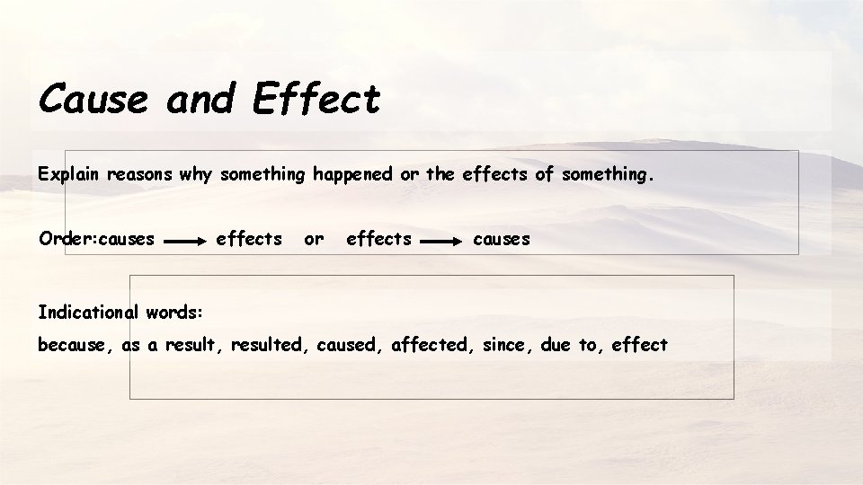 Cause and Effect Explain reasons why something happened or the effects of something. Order: