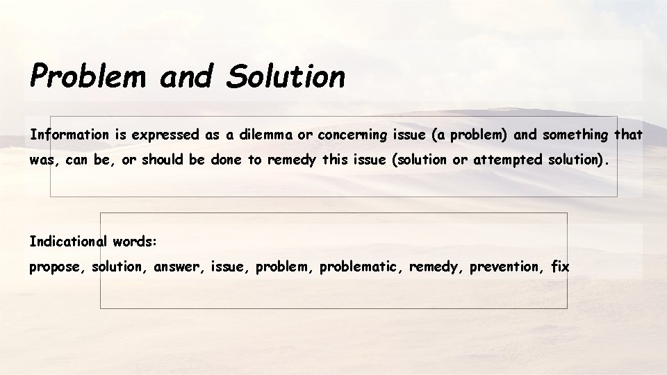 Problem and Solution Information is expressed as a dilemma or concerning issue (a problem)