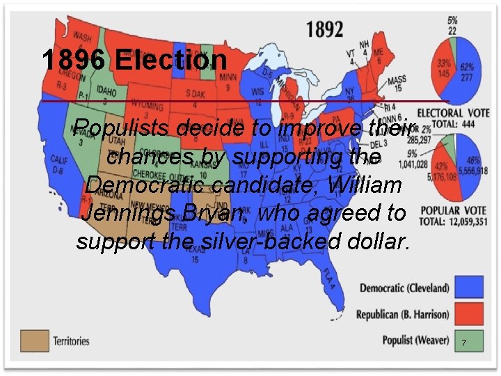 1896 Election Populists decide to improve their chances by supporting the Democratic candidate, William