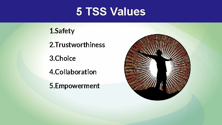 5 TSS Values 1. Safety 2. Trustworthiness 3. Choice 4. Collaboration 5. Empowerment 5 TSS Values 1. Safety 2. Trustworthiness 3. Choice 4. Collaboration 5. Empowerment
