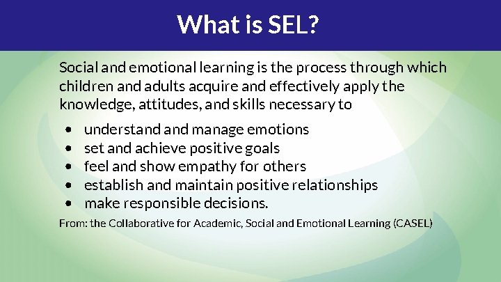 What is SEL? Social and emotional learning is the process through which children and What is SEL? Social and emotional learning is the process through which children and
