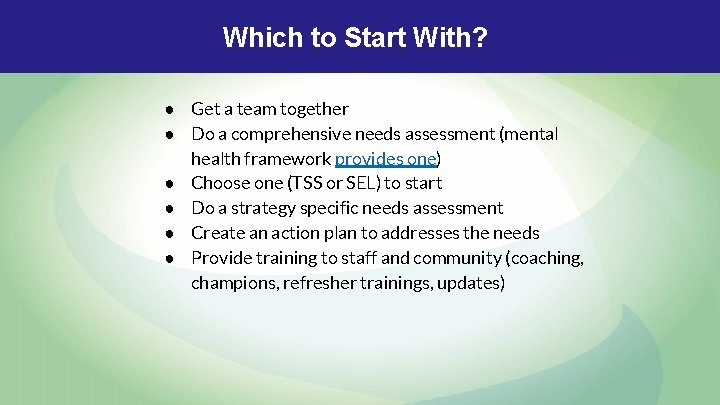 Which to Start With? ● Get a team together ● Do a comprehensive needs Which to Start With? ● Get a team together ● Do a comprehensive needs