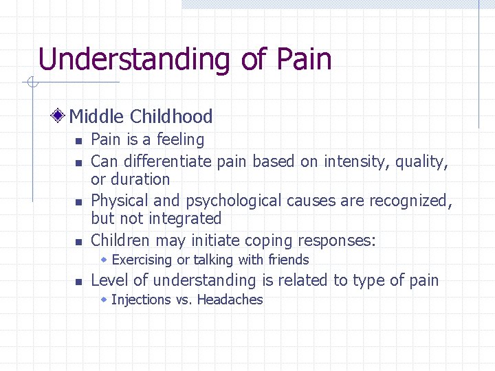 Understanding of Pain Middle Childhood n n Pain is a feeling Can differentiate pain