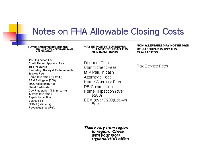 Notes on FHA Allowable Closing Costs MAY BE PAID BY BORROWER AND INCLUDED IN