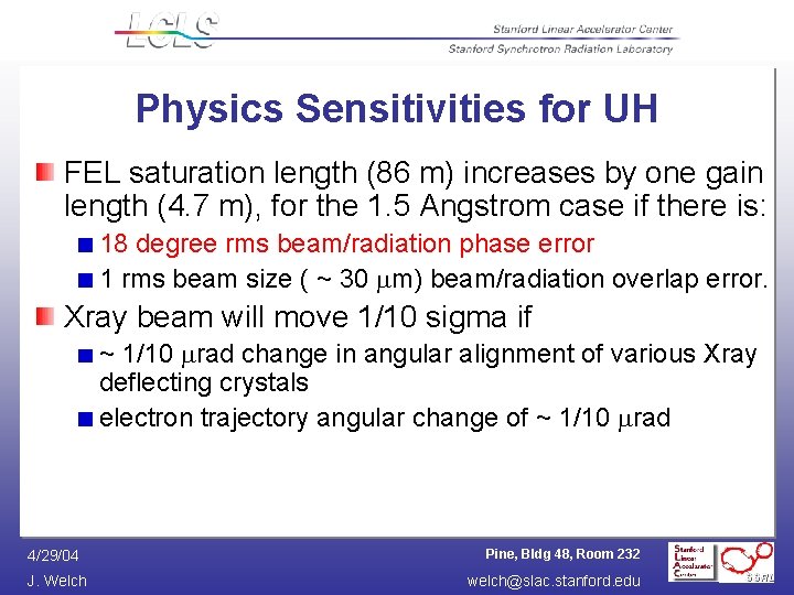 Physics Sensitivities for UH FEL saturation length (86 m) increases by one gain length