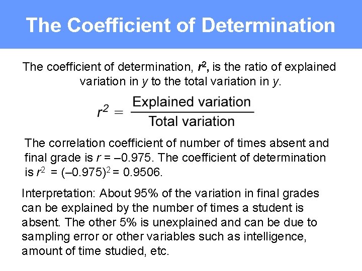 The Coefficient of Determination The coefficient of determination, r 2, is the ratio of