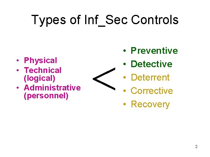 Types of Inf_Sec Controls • Physical • Technical (logical) • Administrative (personnel) • •