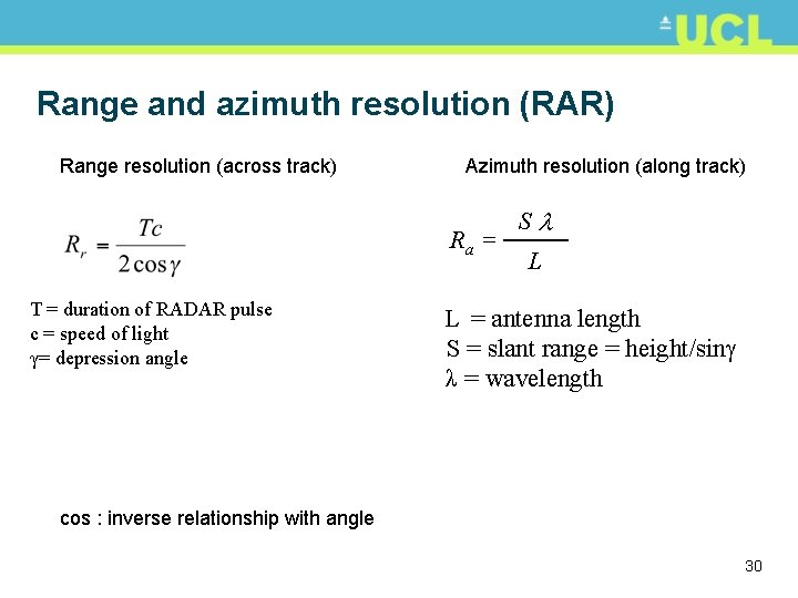 Range and azimuth resolution (RAR) Range resolution (across track) Azimuth resolution (along track) Ra