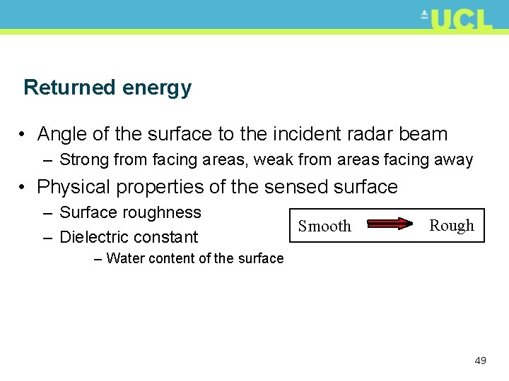 Returned energy • Angle of the surface to the incident radar beam – Strong