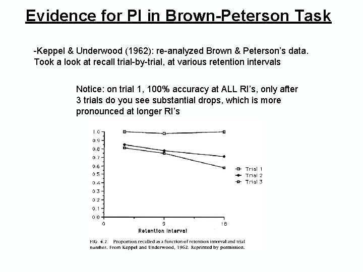 Evidence for PI in Brown-Peterson Task -Keppel & Underwood (1962): re-analyzed Brown & Peterson’s Evidence for PI in Brown-Peterson Task -Keppel & Underwood (1962): re-analyzed Brown & Peterson’s