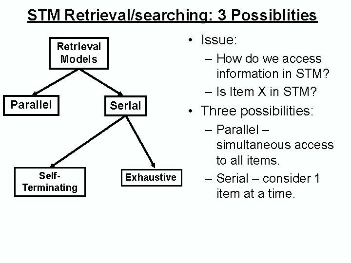STM Retrieval/searching: 3 Possiblities • Issue: Retrieval Models Parallel Self. Terminating – How do STM Retrieval/searching: 3 Possiblities • Issue: Retrieval Models Parallel Self. Terminating – How do